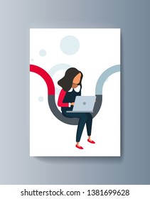 Business presentation brochure businesswoman advertising goods and services. Vector illustration