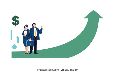 Presentación de negocios. Hombre de negocios y una mujer de negocios inversor discuten el desarrollo financiero, posibilidad de crecimiento profesional exitoso. Flecha verde hacia arriba, análisis, dinero, gente. Ilustración vectorial