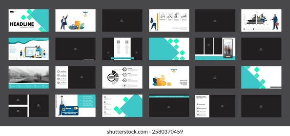 Business presentation, businessmen analyze annual report. Set, powerpoint. Infographic, design green black elements Team of people analyze monetary and financial circulation, photo Vector illustration