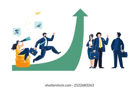Business presentation. Businessmen and investors discuss financial development, the possibility of successful career growth. Green arrow pointing up icon. Business analytics, money.Vector illustration