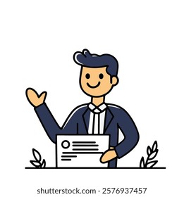 Business presentation by a cheerful man in a suit with a document in hand