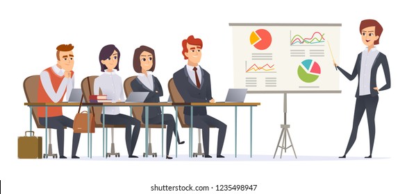 Business presentation characters. Group of managers sitting in classroom listening learning couch business seminar vector concept