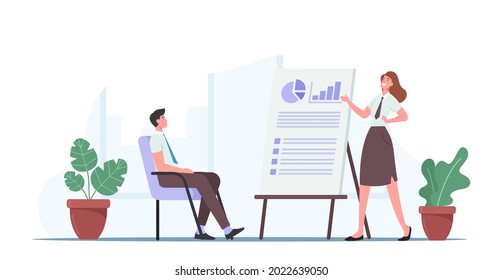 Business Presentation with Characters on Training or Seminar in Office, Trainer Give Financial Consultation at Board with Data Analysis Statistics Charts and Graphs. Cartoon People Vector Illustration