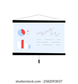 Business Presentation Chart With Graphs In Flat Vector Illustration Symbolizing Data Analysis, Market Research, And Business Strategy, Isolated On White Background