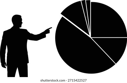 Apresentação comercial gráfico silhueta vetor ilustração com alto-falante explicando gráfico de pizza para reunião de audiência.