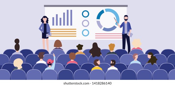 Business presentation with charts on the board in front of the audience at the conference. Speakers hold a presentation or corporate seminar. Vector flat illustration of a group and an audience.