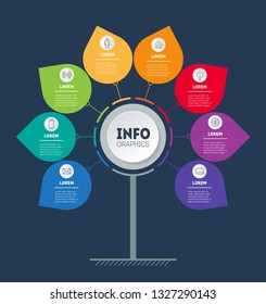 Business presentation or circular infographics concept with 8 options. Web Template of tree, info chart or diagram. Info graphic of technology or education process with 8 steps. Vector.