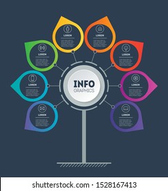 Business presentation or circular infographics concept with 8 options. Template of tree, info chart or diagram. Info graphic of technology or education process with eight steps.