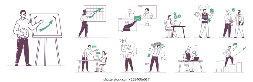 Business presentation for colleagues, interaction at work and achieving results. Company employees in office working on project. Vector people and charts set in flat cartoon illustration
