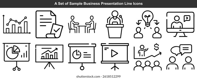 Business Presentation And Communication Vector Icons Set In Outline Style