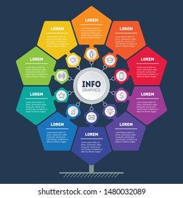 Business presentation concept with 10 options. Brochure design template. Template of tree, info chart or diagram. Infographic of technology or education process with ten steps.