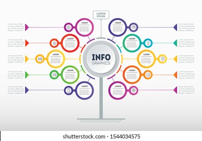 Business presentation concept with 10 options. Template of tree, chart or diagram with icons. Vector infographic of technology or education process with ten steps.