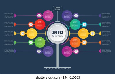 Business presentation concept with 10 options. Template of tree, chart or diagram with icons. Infographic of technology or education process with ten steps. Dark background.