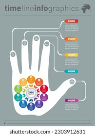 Business presentation concept with 10 options. Report with human hand and icons set. Infographic of technology or education process.
