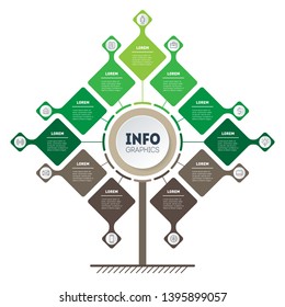 Business presentation concept with 11 options, parts, steps or processes. Vertical infographics. Tree of development and growth of the eco business. Infographic of tendencies and trends graph.