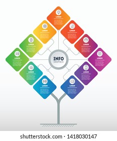 Business presentation concept with 11 options. Template of tree or diagram. Infographic of technology or education process with 11 steps. Brochure design template.