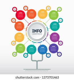 Business presentation concept with 12 options. Web Template of tree, info chart or diagram with twelve processes. Vector infographic of technology or education with 12 steps.