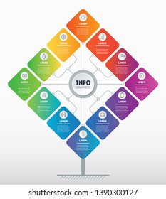 Business presentation concept with 12 options. Template of tree or diagram. Infographic of technology or education process with 12 steps. Vector. Brochure design template.