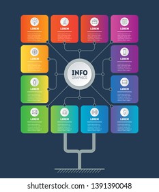 Business presentation concept with 12 options. Tree of development. Infographic of technology or education process with 12 steps. Vector. Brochure design template.