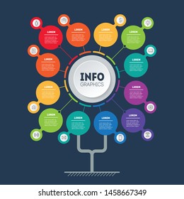 Business presentation concept with 12 options or months. Template of tree, info chart or diagram with twelve processes. Infographic of technology or education with 12 steps.