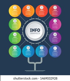 Business presentation concept with 12 options, steps. Template of tree or diagram. Infographic of technology or education process. Brochure design template. Annual report is segmented into 12 months.