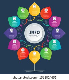 Business presentation concept with 12 options or months. Infographic of technology or education process with twelve steps and 24 icons. Annual report design template.
