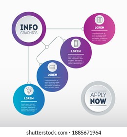 Business presentation concept with 4 options. Template of info chart with button "apply now". Vector Diagram, infographic of technological or education process with four steps. Mind map.