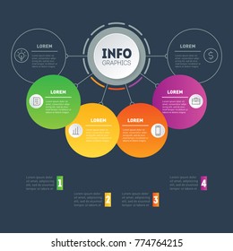 Business presentation concept with 4 options. Part of the report with icons set. Vector infographic of technology or education process. Web Template of a circle info chart or diagram