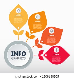 Concepto de presentación de negocios con 4 partes e iconos. Infografía. Plantilla de diagrama con hojas. Gráfico informativo de tecnología o proceso educativo con cuatro pasos.