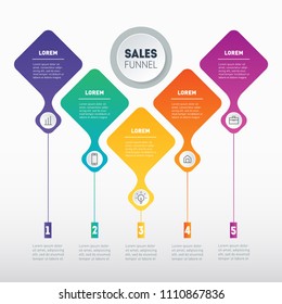 Business presentation concept with 5 options. Web Template of a sales pipeline, purchase funnel, info chart or diagram. Vector infographic of technology or education process with 5 steps.