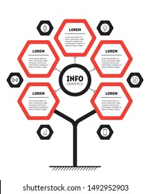 Concepto de presentación empresarial con 5 opciones y 6 iconos. Mindmap. Plantilla de árbol o diagrama. Proceso tecnológico o educativo con cinco pasos y seis íconos. Infografía compuesta de hexágonos.