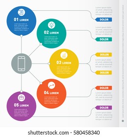 Business presentation concept with 5 options. Web Template of a info chart, diagram. Vector infographic of technology or education process. Part of the report with icons set.