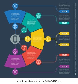 Business presentation concept with 5 options. Web Template of a info chart or diagram. Part of the report with icons set. Vector infographic of technology or education process.