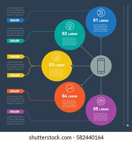 Business presentation concept with 5 options. Web Template of a info chart, diagram. Vector infographic template of technology or education process. Part of the report with icons set.