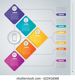 Business Presentation Concept With 5 Options. Infographic Or Timeline Of Technology Or Education Process. Web Template Of A Info Chart Or Diagram. Part Of The Report With Icons Set