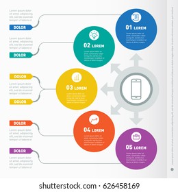 Business presentation concept with 5 options. Vector info graphic of technology or education process. Web Design Template for infographics, chart or diagram. Part of the report with icons.
