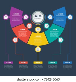 Business presentation concept with 5 options. Web Template of a sales pipeline, purchase funnel, sales funnel, info chart or diagram. Infographic of technology or education process with 5 steps