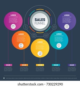 Business presentation concept with 5 options. Web Template of a sales pipeline, purchase funnel, sales funnel, info chart or diagram. Vector infographic of technology or education process