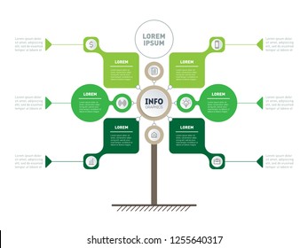 Business presentation concept with 6 or 7 options, parts, steps or processes. Tree of development and growth of the eco business. Circular infographics. Infographic of sustainable trends.