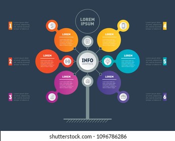 Business presentation concept with 6 options. Web Template of service tree, chart or diagram. Vector infographic of technology or education process with 6 steps. Development and growth of the business