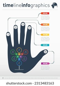 Business presentation concept with 6 options. Infographic of technology or education process. Part of the report with human hand and icons set.