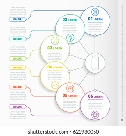 Business presentation concept with 6 options. Web Template of a info chart or diagram made from lines. Part of the report with icons set. Vector infographic of technology or education process.