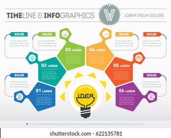 Business presentation concept with 6 options - from idea to final product. Vector infographic of technology or education process. Web Template of a circle chart. Part of the report with icons set