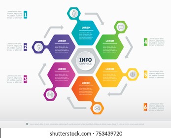 Business presentation concept with 6 options. Web Template of a circle info chart or diagram. Part of the report with icons set. Vector infographic of technology or education process with 6 steps
