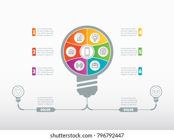 Business presentation concept with 6 options, parts, steps or processes. Templates for cycle diagram, graph, presentation and round chart with additions. Vector infographics with bulb