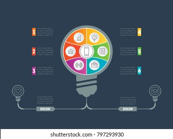 Business presentation concept with 6 options, parts, steps or processes. Vector infographics with bulb. Templates for cycle diagram, graph, presentation and round chart with additions.