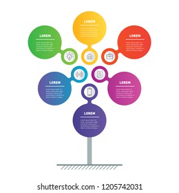 Business presentation concept with 6 points or options. Web Template of tree, info chart or diagram. Vector infographic of technology or education process with 6 steps.