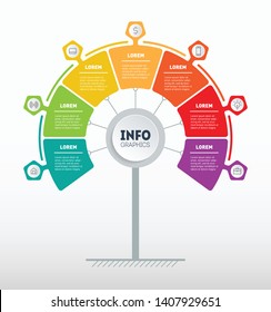 Business presentation concept with 7 options. Template of tree, info chart or diagram. Brochure design template. Infographic of technology or education process with 7 steps.