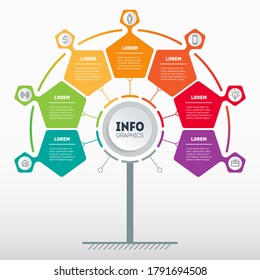 Business presentation concept with 7 options. Web Template of service tree or info chart. Vector infographic or marketing strategy with seven points.