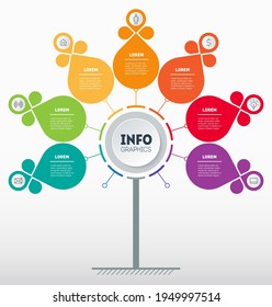 Business presentation concept with 7 options. Web Template of tree, diagram with seven parts. Vector infographic of technology or education processes with 7 steps.